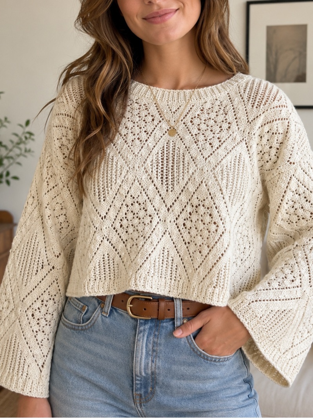 Willow and root  Crochet Openwork Cream Pullover